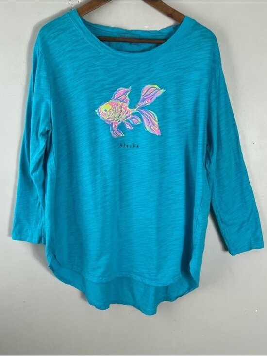 fresh produce Tops - Fresh Produce Oversized Teal 3/4 Sleeve Graphic Fish Alaska Shirt Size Large